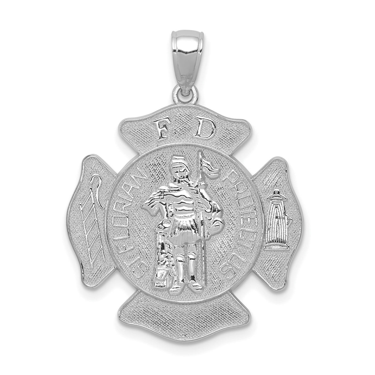 14k White Gold Firefighter Maltese Cross Pendant with St. Florian Engraving for Men