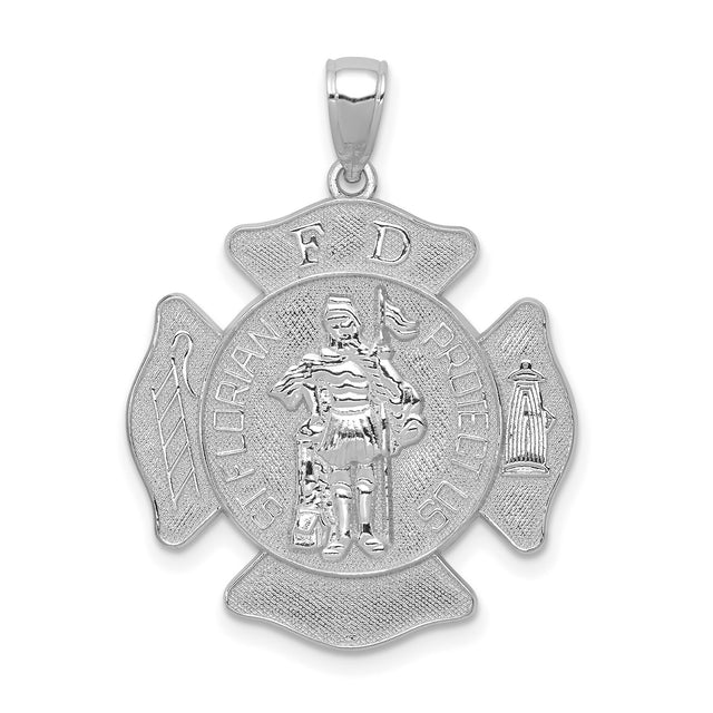 Saint Florian Protect Us Words On Quarter Size Firefighter Badge Charm Pendant in Real 14k White Gold
