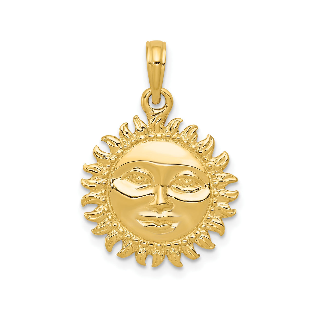14k Yellow Gold Sun Face Pendant with Radiant Rays, Celestial Boho Talisman Charm