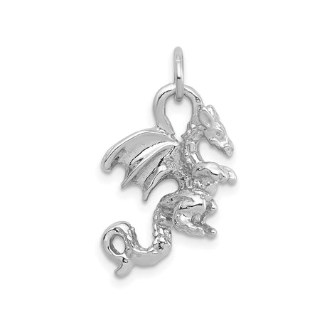 14k White Gold Winged Dragon Pendant, Fantasy Gothic Style Mythical Creature Jewelry