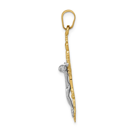 14k Two-Tone Gold Crucifix Pendant with Jesus Figure, Ornate Fleur Design