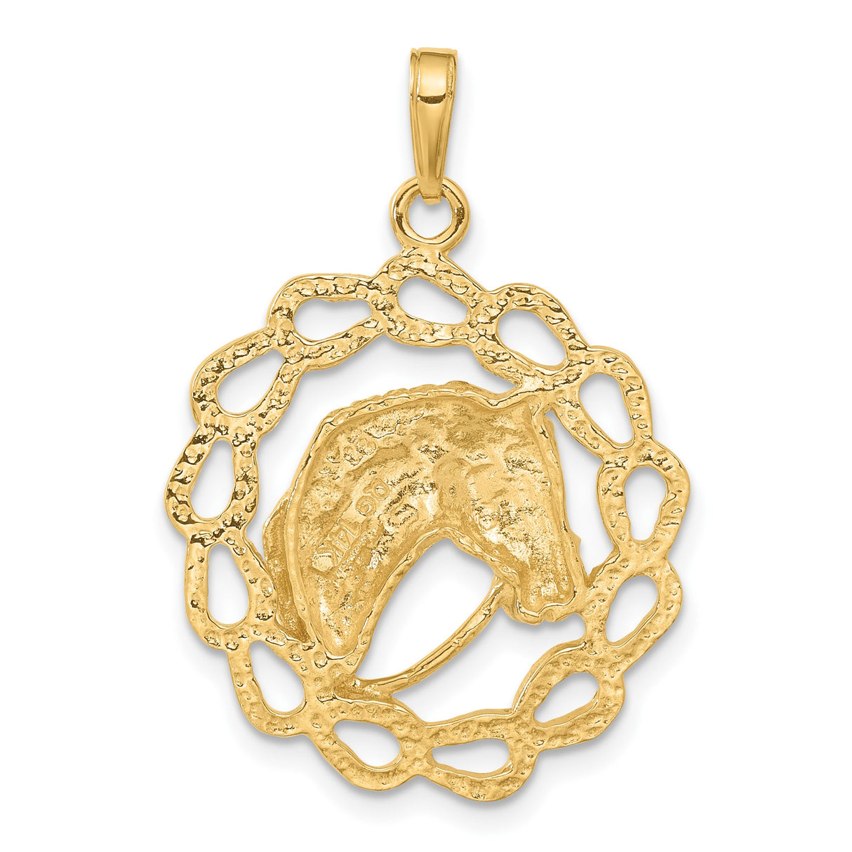 14k Yellow Gold Horse Head Pendant with Textured Rope Border, Western Equestrian Style