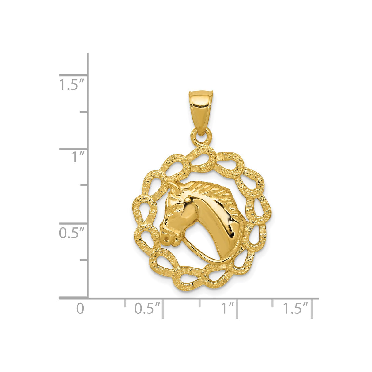 14k Yellow Gold Horse Head Pendant with Textured Rope Border, Western Equestrian Style