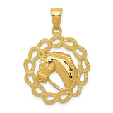 14k Yellow Gold Horse Head Pendant with Textured Rope Border, Western Equestrian Style