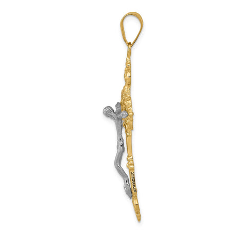 14k Multi-Tone Gold Crucifix Pendant with Fleur de Lis and INRI Baroque Style