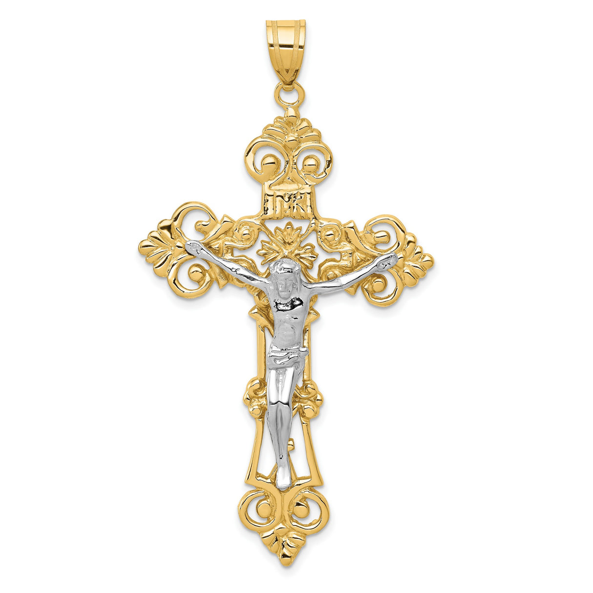 INRI Fleur De Lis Crucifix Charm Pendant in Real 14k Multi-Tone Gold