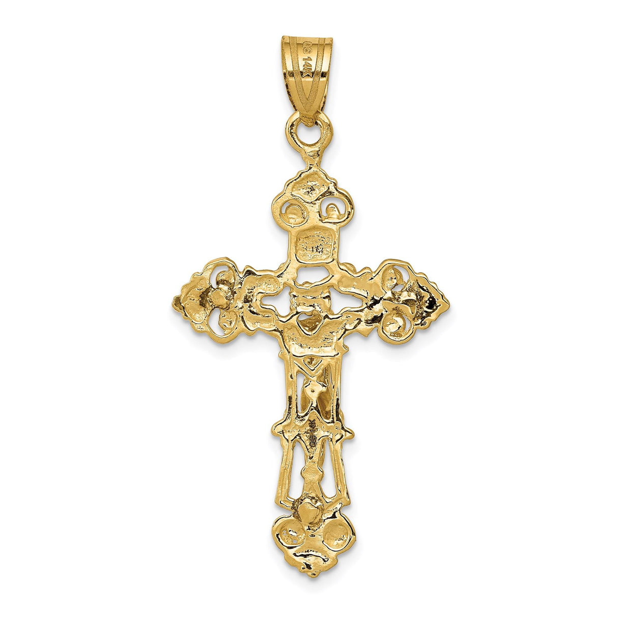 14k Yellow Gold Crucifix Cross Pendant with INRI and Fleur de Lis Design