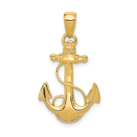 14k Yellow Gold Anchor Pendant with Rope Detail, Nautical Maritime Charm for Men and Women
