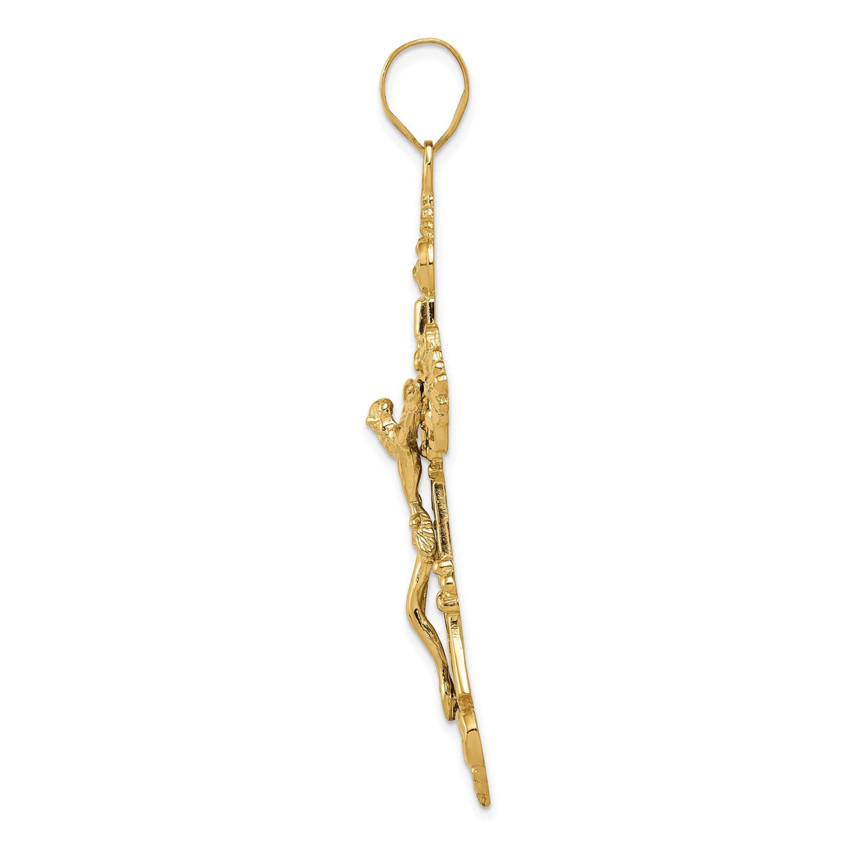 14k Yellow Gold INRI Crucifix Pendant with Fleur de Lis, Baroque Style Cross Charm