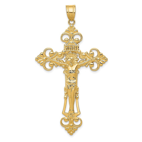 14k Yellow Gold Crucifix Pendant with INRI and Fleur De Lis, Vintage Baroque Christian Charm
