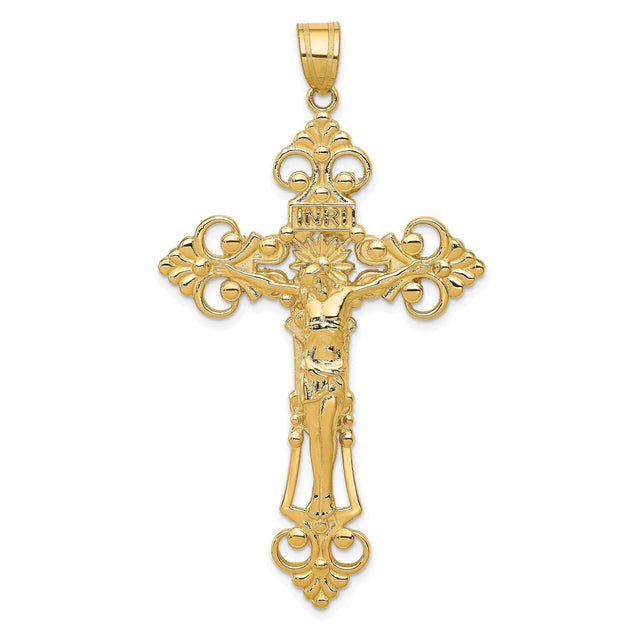 14k Yellow Gold Crucifix Pendant with INRI and Fleur De Lis, Vintage Baroque Christian Charm