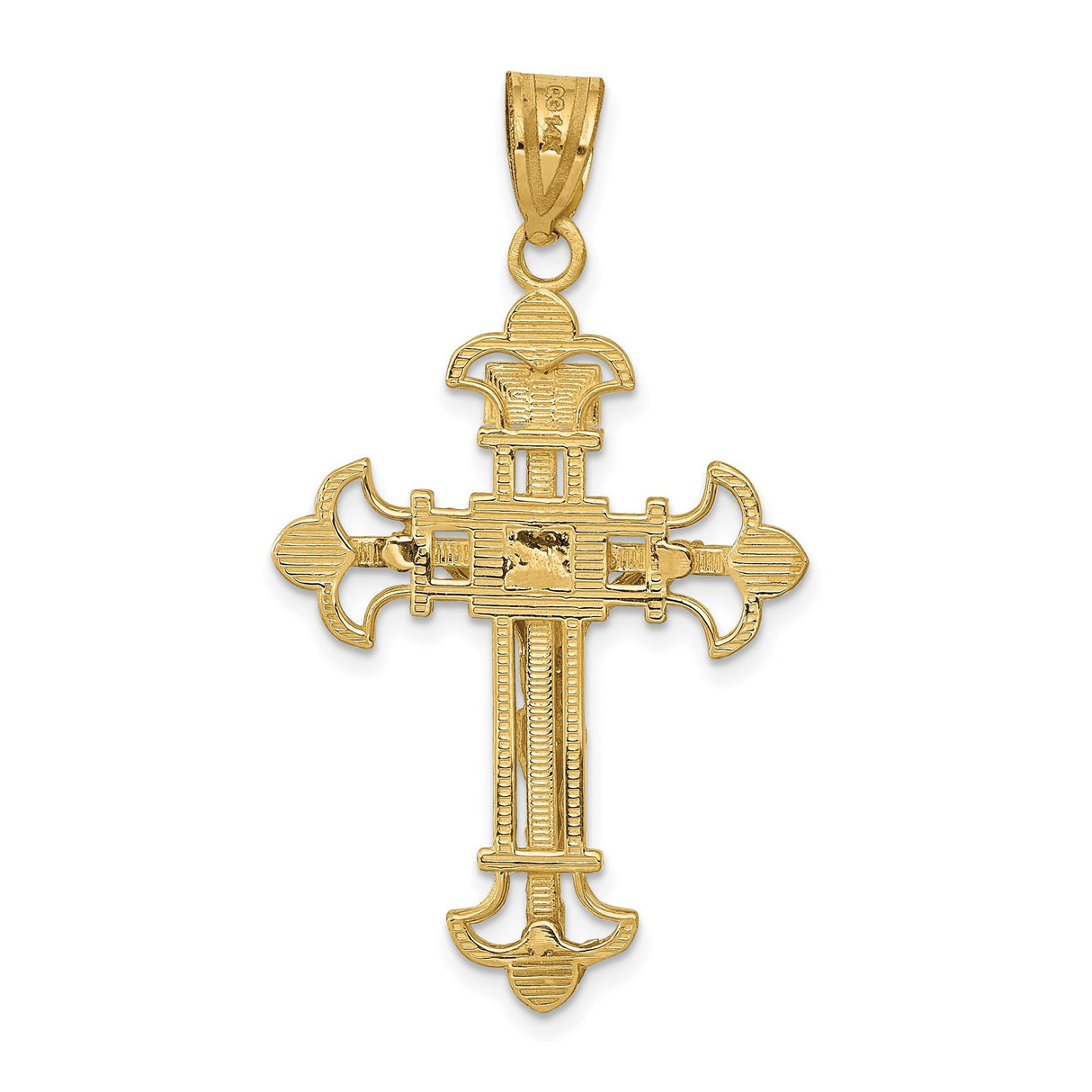 14k Yellow Gold Crucifix Pendant with Fleur De Lis Cross, Ornate Christian Design