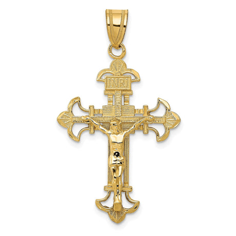 14k Yellow Gold Crucifix Pendant with Fleur De Lis Cross, Ornate Christian Design