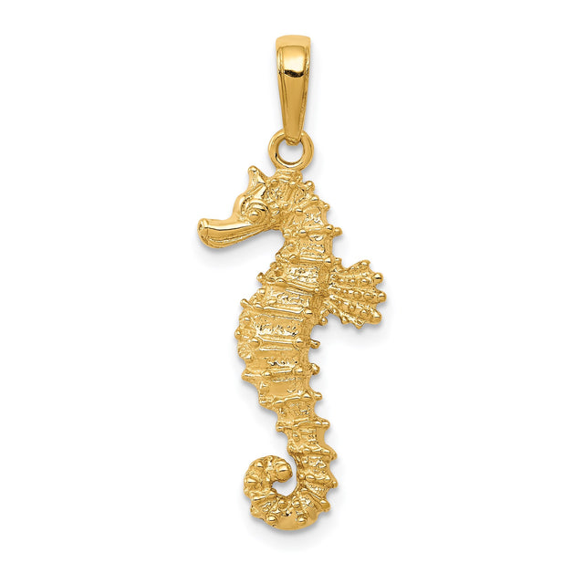 14k Yellow Gold Seahorse Pendant, Textured Nautical Ocean Charm with Realistic Detail