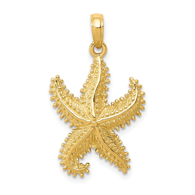 14k Yellow Gold Starfish Pendant, Textured Nautical Coastal Design for Women