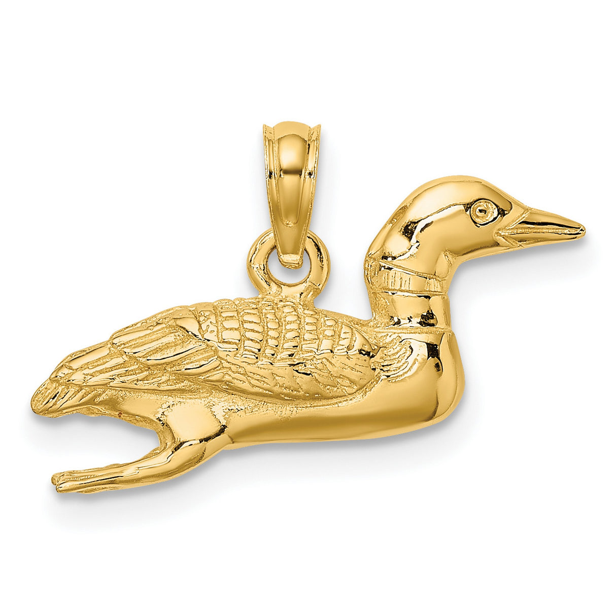 14k Yellow Gold Loon Bird Pendant with Feather Detail, Wildlife and Nature Theme