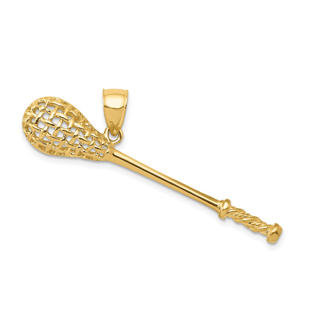14k Yellow Gold Lacrosse Stick Pendant with Textured Handle and Mesh Head for Men or Unisex