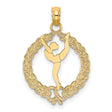 14k Yellow Gold Ballerina Pendant with Laurel Wreath, Arabesque Dance Charm for Women
