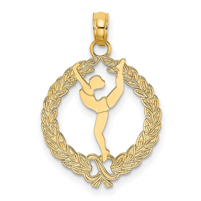 14k Yellow Gold Ballerina Pendant with Laurel Wreath, Arabesque Dance Charm for Women