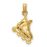 Solid Polished 3-D Rollerblade Charm Pendant in Real 14k Yellow Gold