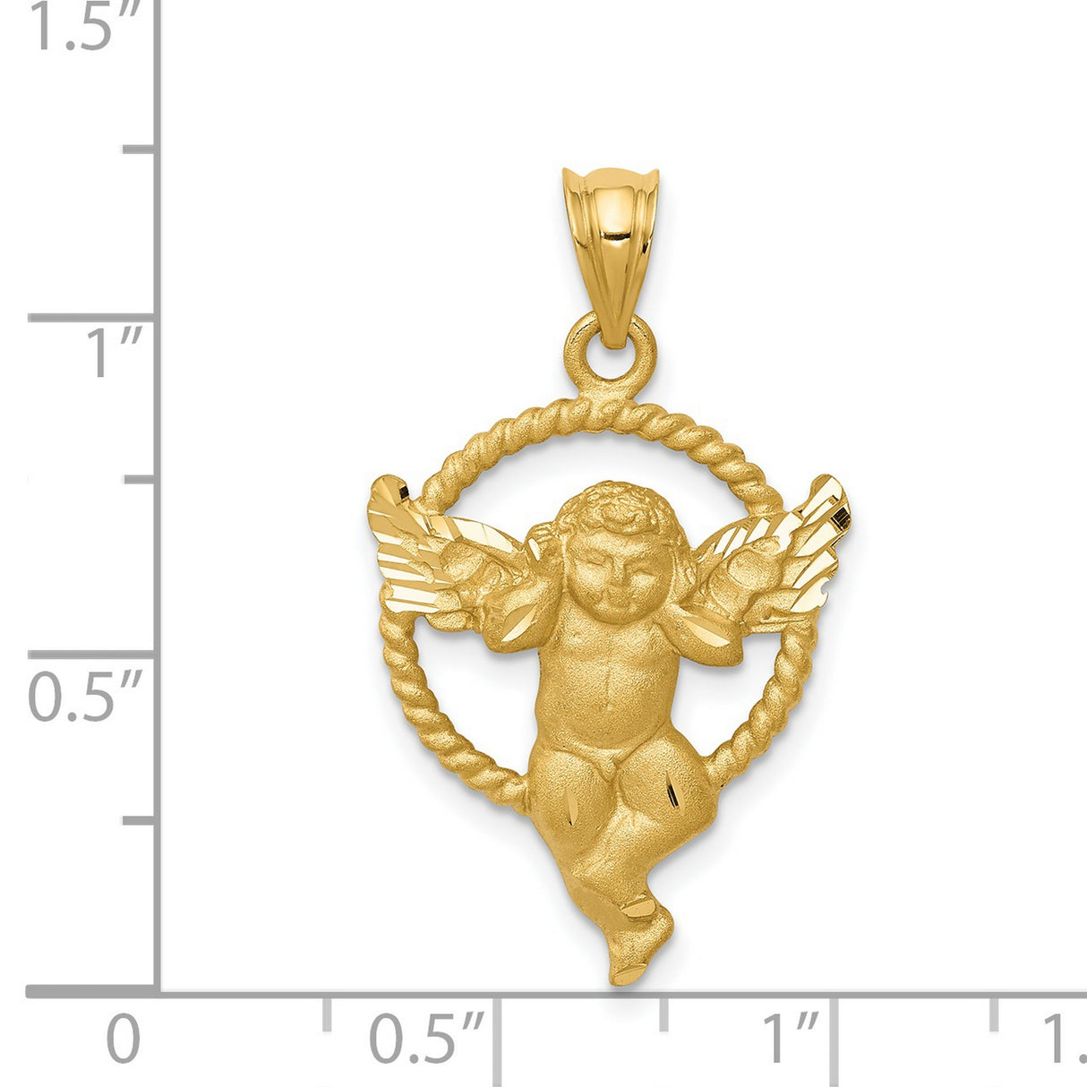 Angel With Hands Ears Sitting Open Circle Charm Pendant in Real 14k Yellow Gold