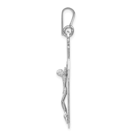 14k White Gold Crucifix Pendant with Detailed Christ Figure in Openwork Religious Design