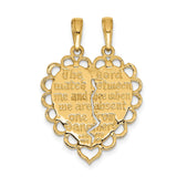 Reversible Two Piece Break Apart Mizpah Emotional Bond Words Heart Shaped Charm Pendant in Real 14k Yellow Gold