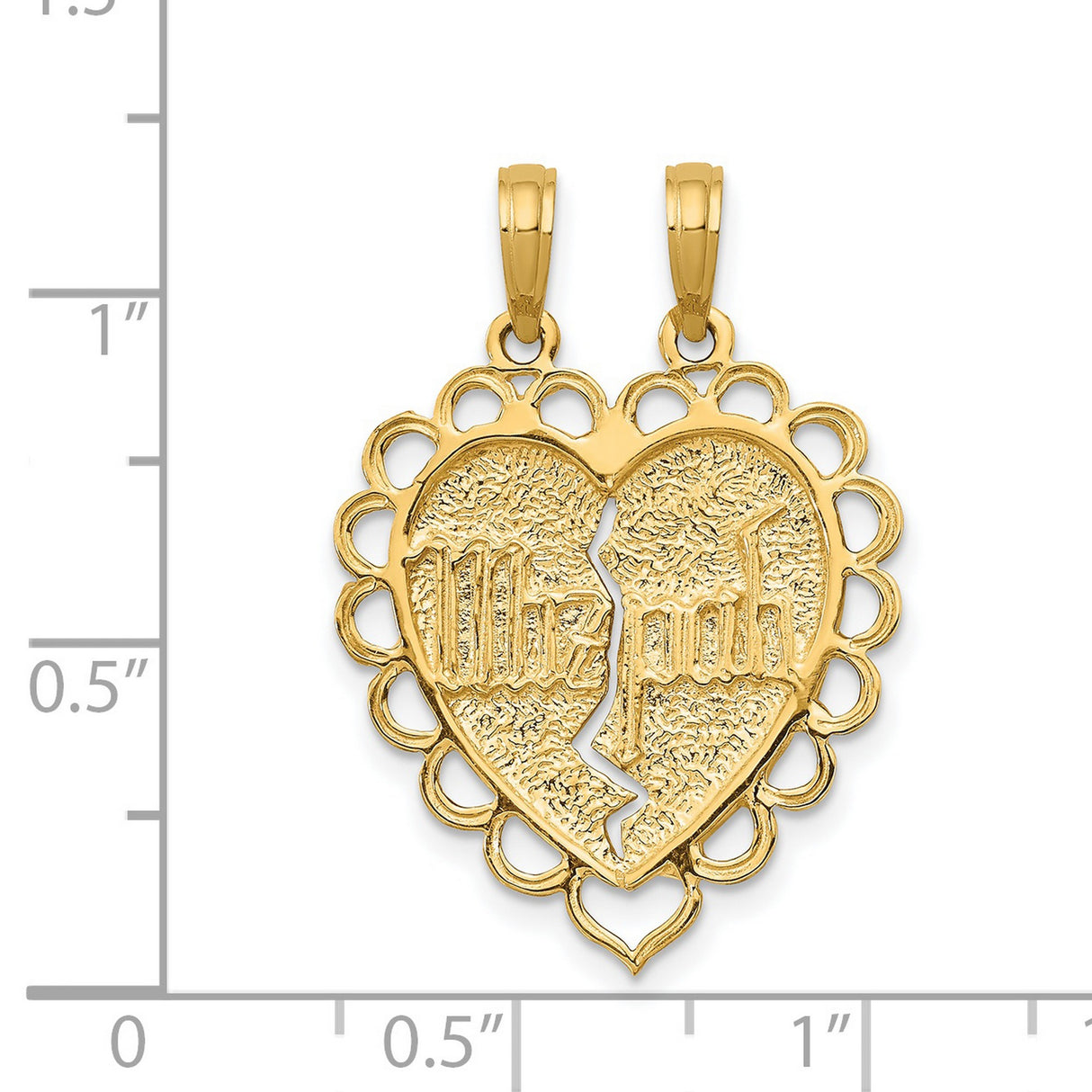 Reversible Two Piece Break Apart Mizpah Emotional Bond Words Heart Shaped Charm Pendant in Real 14k Yellow Gold