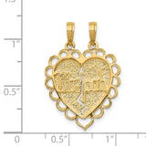 Reversible Two Piece Break Apart Mizpah Emotional Bond Words Heart Shaped Charm Pendant in Real 14k Yellow Gold