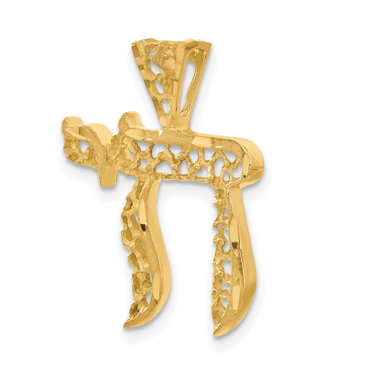 14k Yellow Gold Chai Pendant, Textured Openwork Hebrew Symbol of Life, Filigree Jewish Jewelry