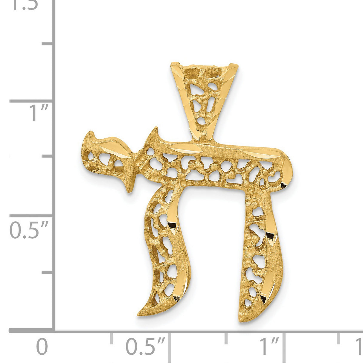 14k Yellow Gold Chai Pendant, Textured Openwork Hebrew Symbol of Life, Filigree Jewish Jewelry