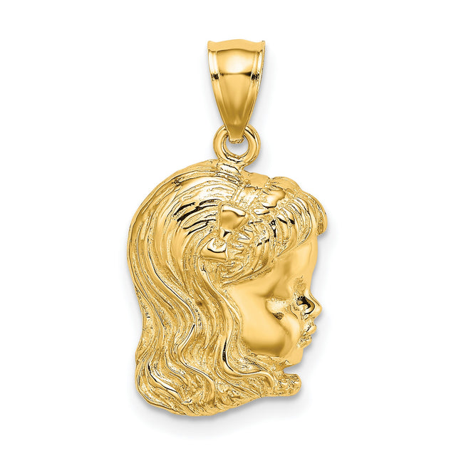14k Yellow Gold Girl Head Pendant with Bow, Sentimental Family Keepsake Charm