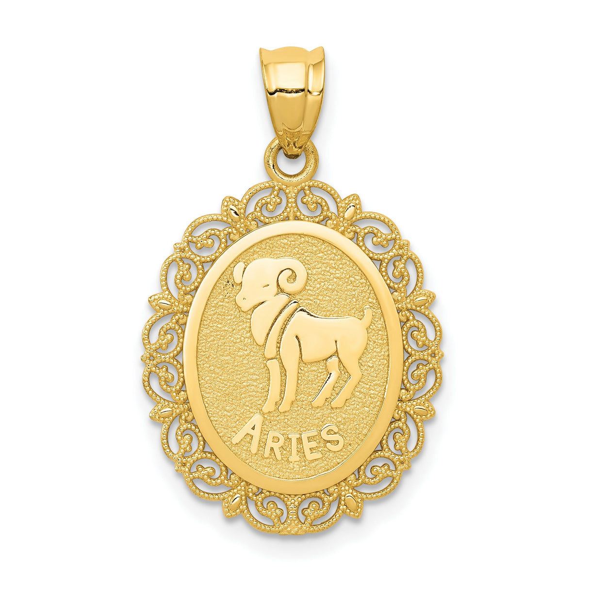 Solid Satin Aries Word and The Ram Zodiac Sign Oval Charm Pendant in Real 14k Yellow Gold