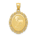 Solid Satin Aries Word and The Ram Zodiac Sign Oval Charm Pendant in Real 14k Yellow Gold