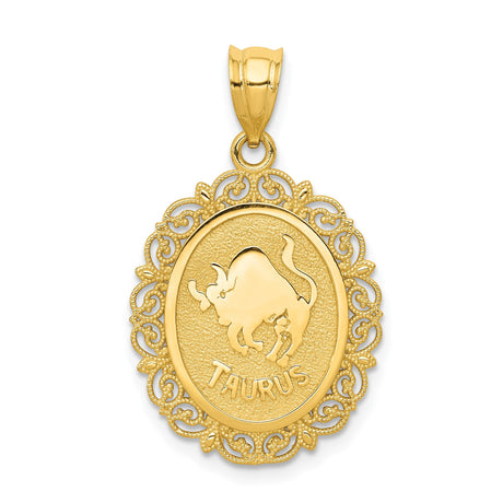 14k Yellow Gold Taurus Zodiac Pendant with Bold Bull Design and Filigree Oval Medallion