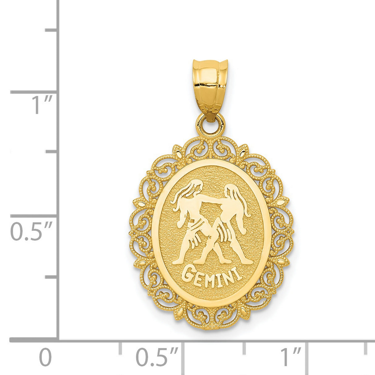 Solid Satin Gemini Word and Twin Figures Zodiac Sign Oval Charm Pendant in Real 14k Yellow Gold