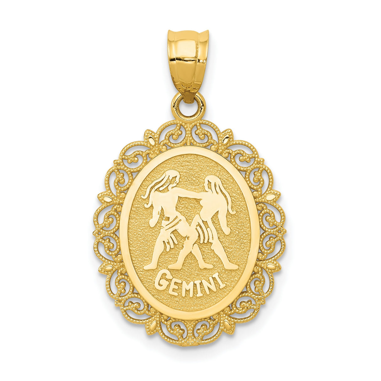 Solid Satin Gemini Word and Twin Figures Zodiac Sign Oval Charm Pendant in Real 14k Yellow Gold
