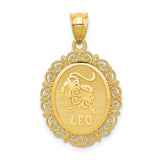 Solid Satin Leo Word and Lion Zodiac Sign Oval Charm Pendant in Real 14k Yellow Gold