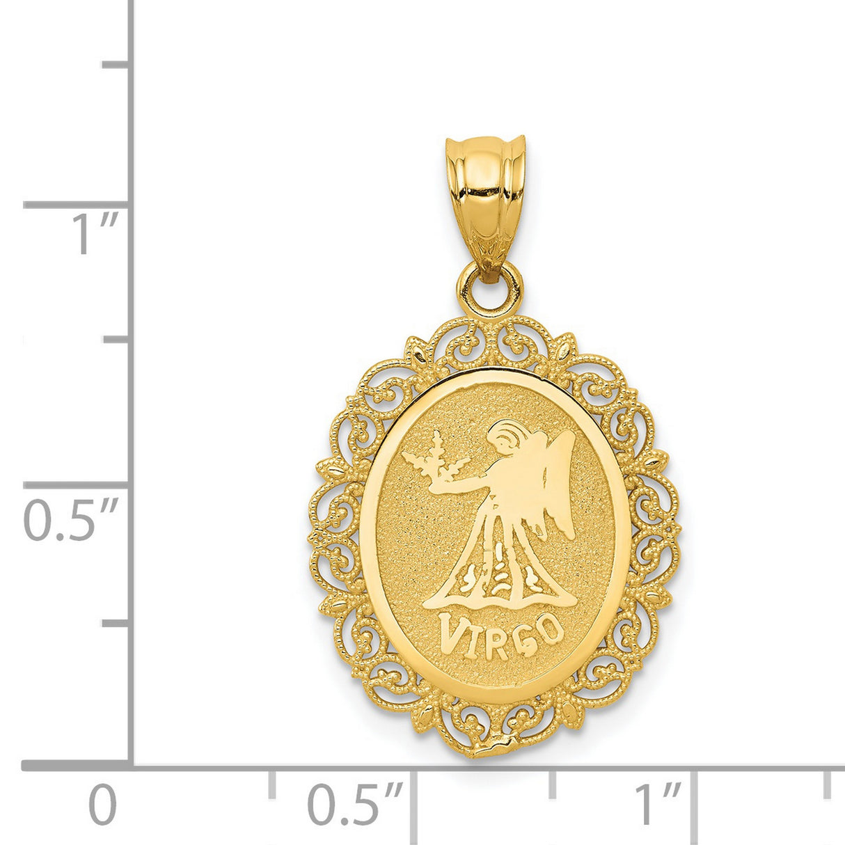 Solid Satin Virgo Word and Zodiac Sign Oval Charm Pendant in Real 14k Yellow Gold