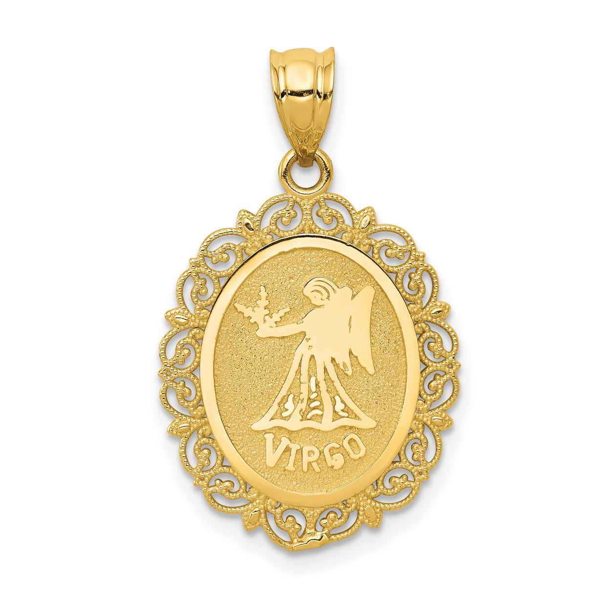 Solid Satin Virgo Word and Zodiac Sign Oval Charm Pendant in Real 14k Yellow Gold