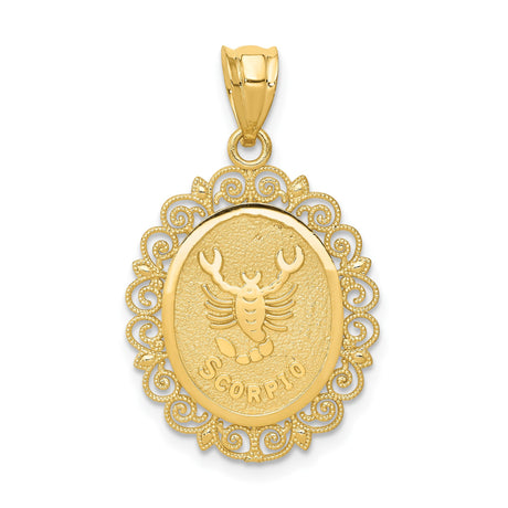 14k Yellow Gold Scorpio Zodiac Pendant with Scorpion Engraving and Filigree Border
