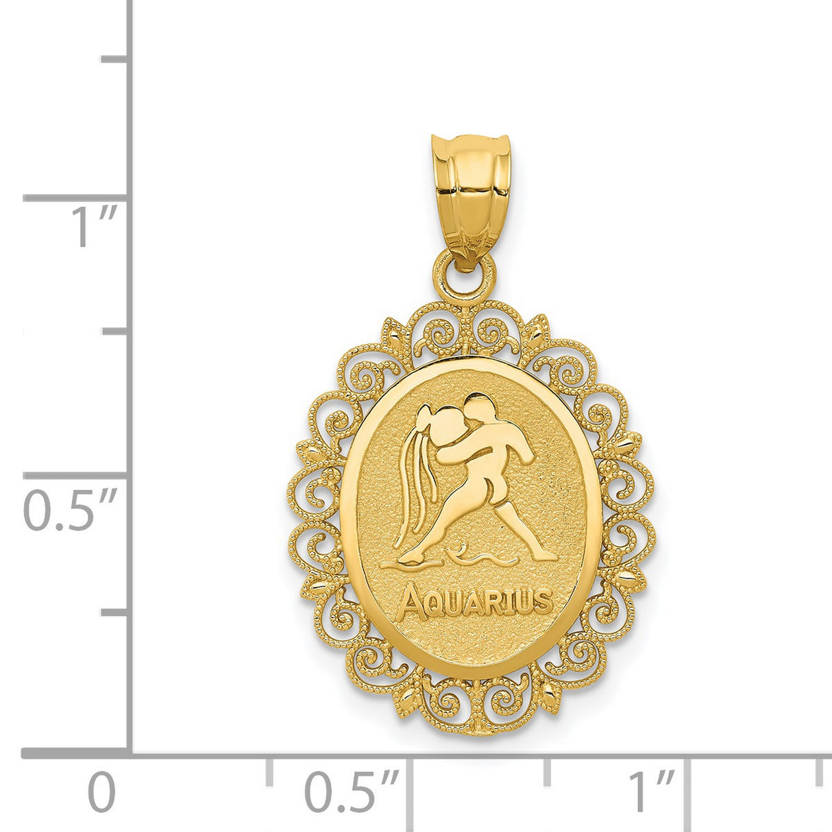 Solid Satin Aquarius Word and Zodiac Sign Oval Charm Pendant in Real 14k Yellow Gold