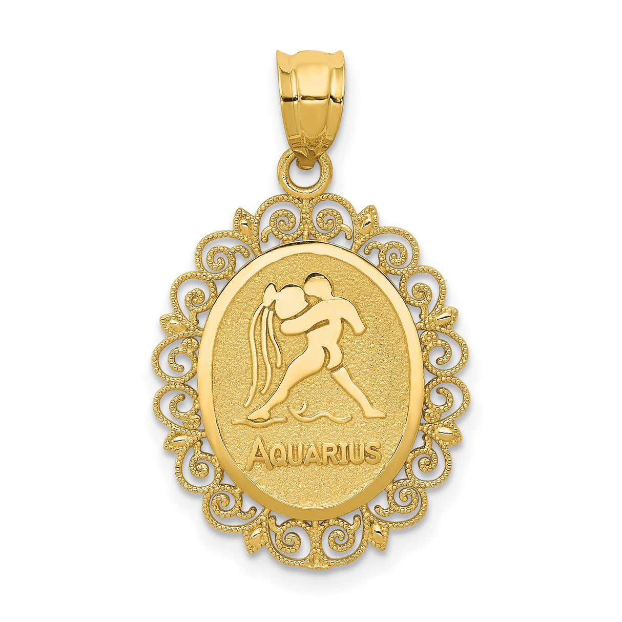 Solid Satin Aquarius Word and Zodiac Sign Oval Charm Pendant in Real 14k Yellow Gold