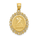 Solid Satin Aquarius Word and Zodiac Sign Oval Charm Pendant in Real 14k Yellow Gold