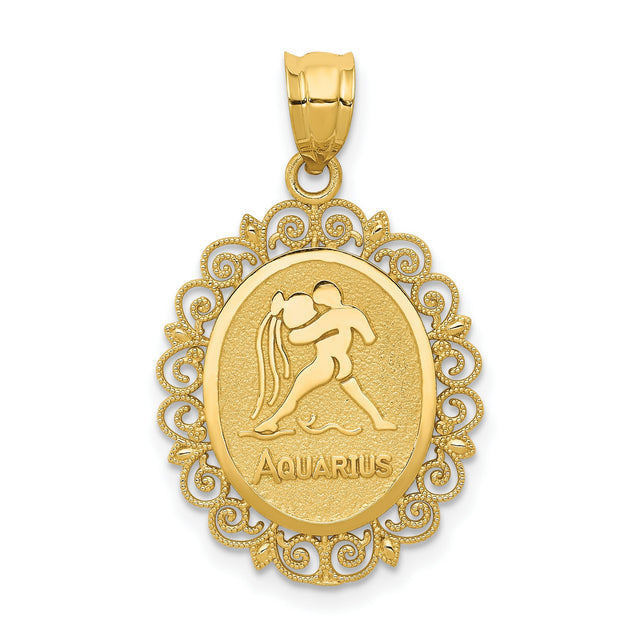 Solid Satin Aquarius Word and Zodiac Sign Oval Charm Pendant in Real 14k Yellow Gold
