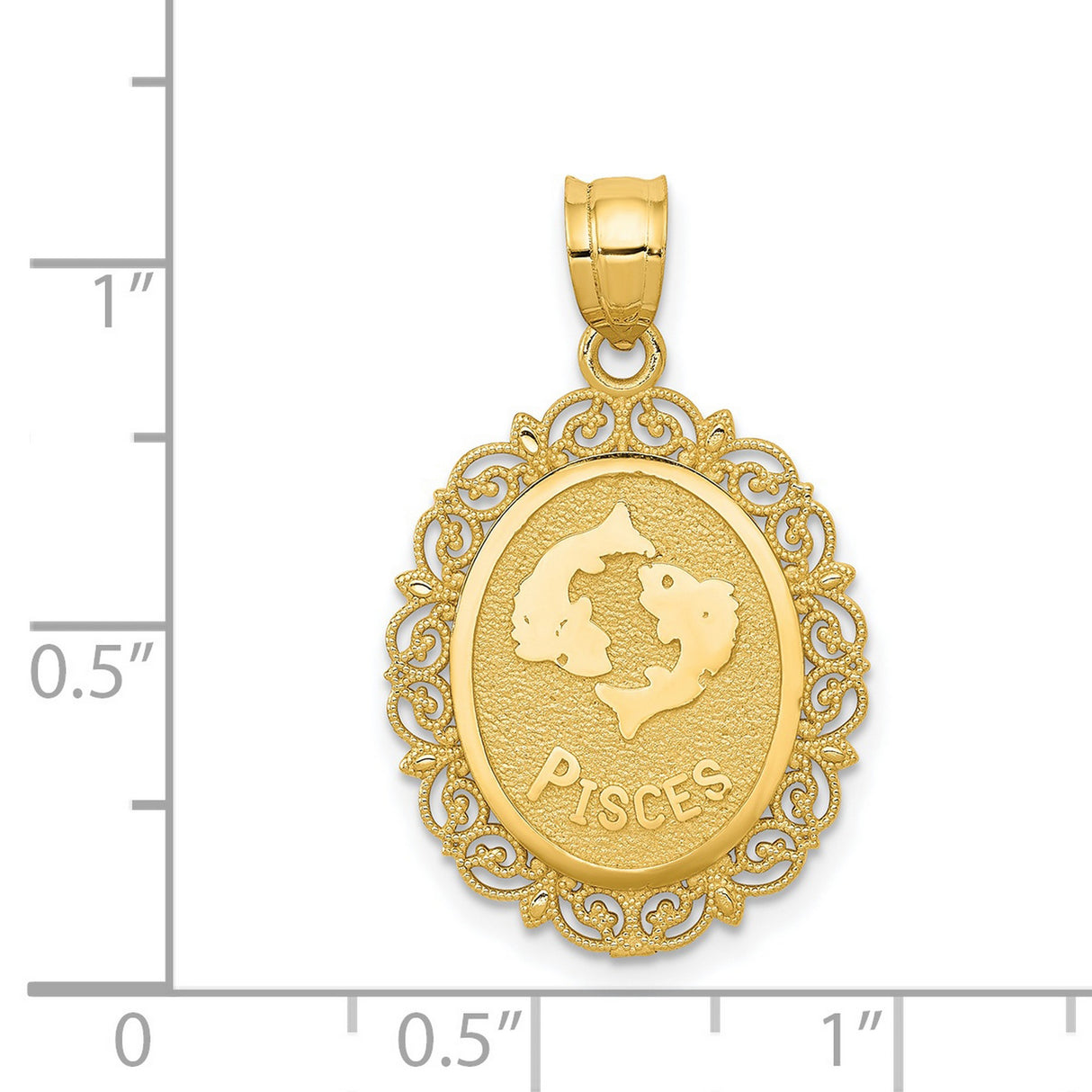 Solid Satin Pisces Word and Zodiac Sign Oval Charm Pendant in Real 14k Yellow Gold