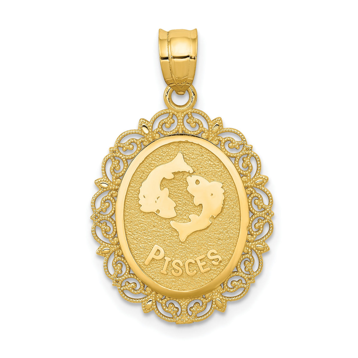 Solid Satin Pisces Word and Zodiac Sign Oval Charm Pendant in Real 14k Yellow Gold