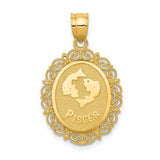 Solid Satin Pisces Word and Zodiac Sign Oval Charm Pendant in Real 14k Yellow Gold