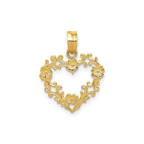 14k Yellow Gold Heart Pendant with Openwork Floral Scrollwork Design for Women