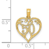 14k Yellow Gold Heart Pendant with Number 50 and Scrollwork for 50th Anniversary